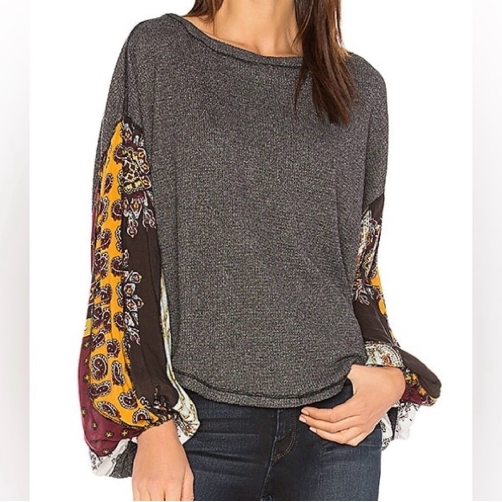 Free People Charcoal Top with Paisley Sleeves